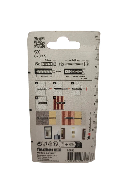 fischer Dübel SX 6x30 S mit Schrauben (15 Stück) – Universaldübel Komplettset