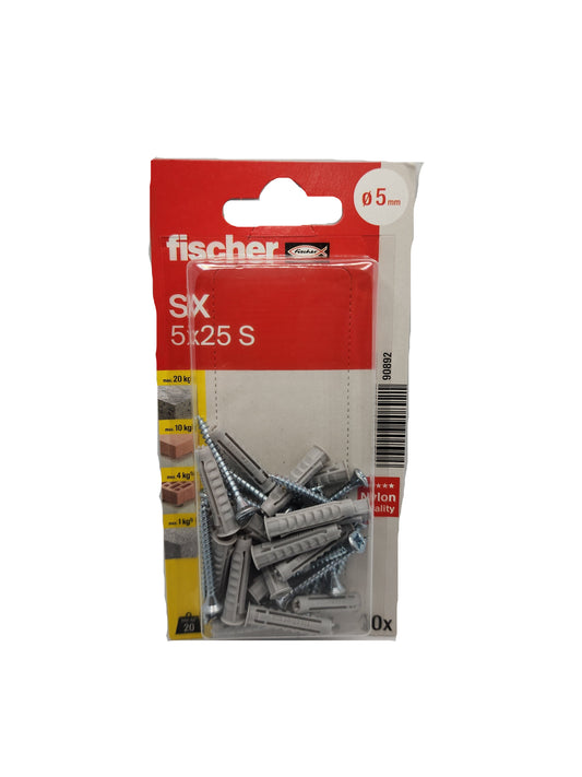 fischer Dübel SX 5x25 S mit Schrauben (20 Stück) – Universaldübel Komplettset