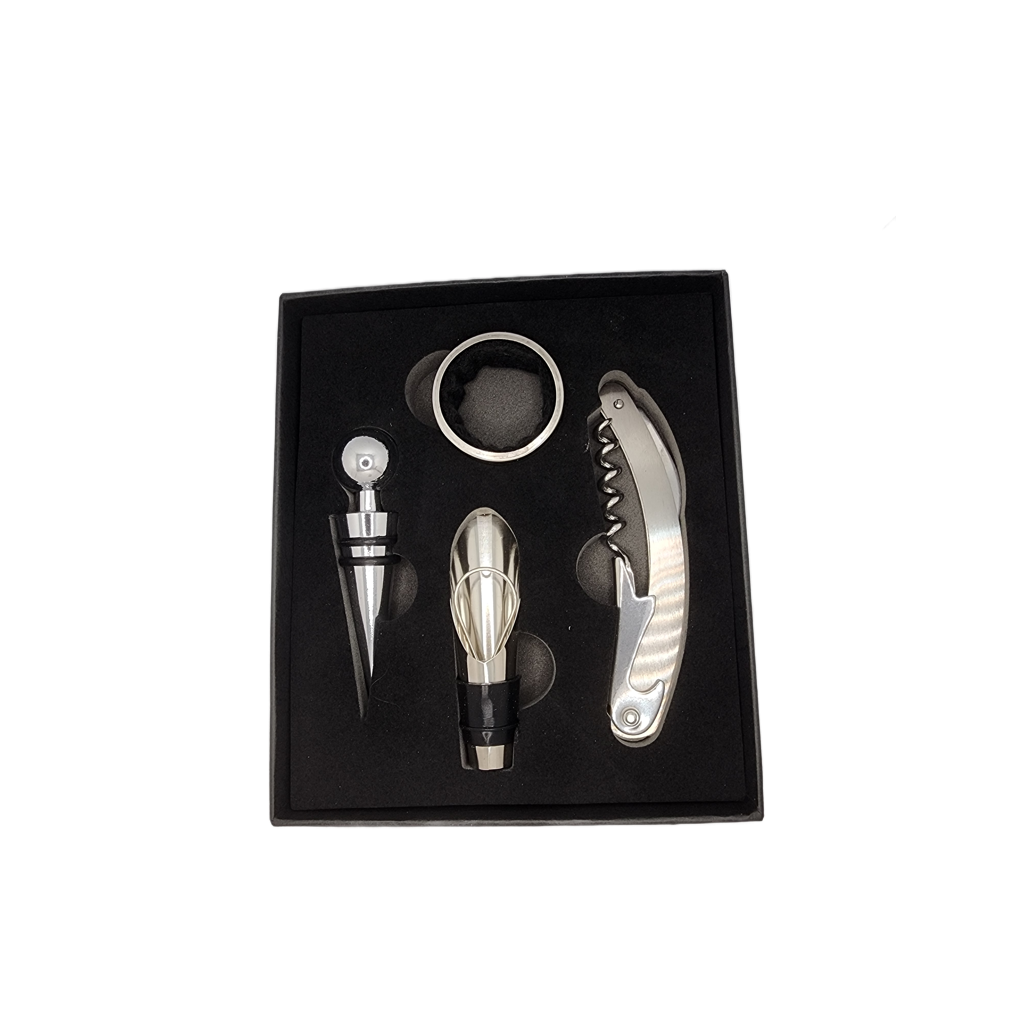 Weinset 4-teilig Kellnermesser Ausgießer Flaschenstopfen Tropfring Geschenkbox