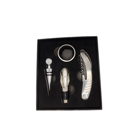 Weinset 4-teilig Kellnermesser Ausgießer Flaschenstopfen Tropfring Geschenkbox
