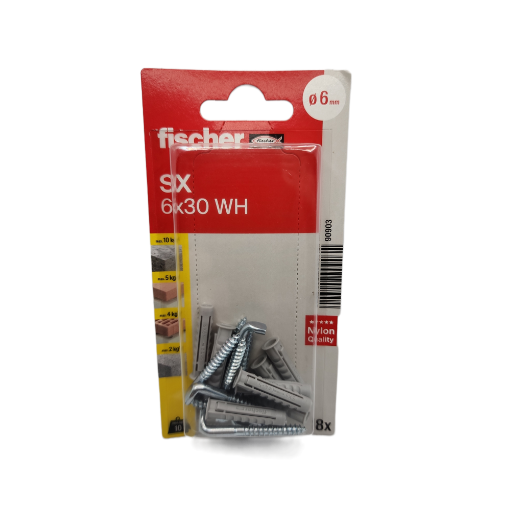 fischer Dübel SX 6x30 WH mit Winkelhaken (8 Stück) – Spreizdübel Wandhaken Set