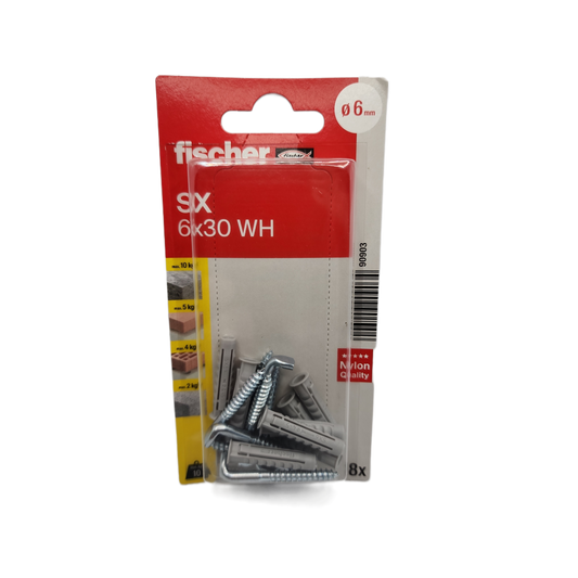 fischer Dübel SX 6x30 WH mit Winkelhaken (8 Stück) – Spreizdübel Wandhaken Set